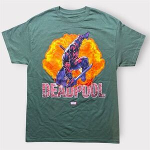 Marvel Deadpool Graphic T-Shirt Mens Medium Green Explosion Katana Short Sleeve